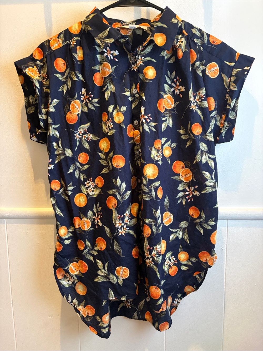 LOFT Navy Button Down Blouse with Oranges